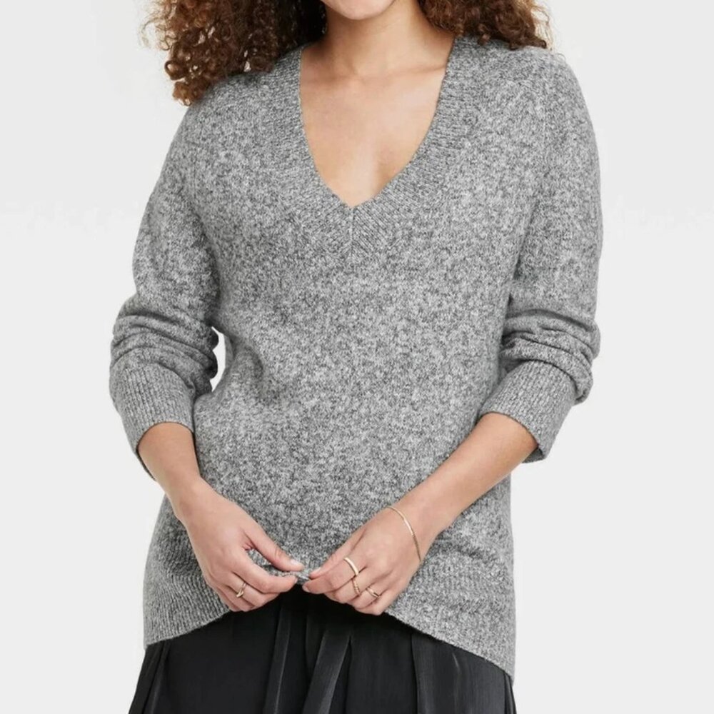 A NEW DAY Soft V-Neck Tunic Sweater Gray Grey White Marled Cotton Blend Pullover